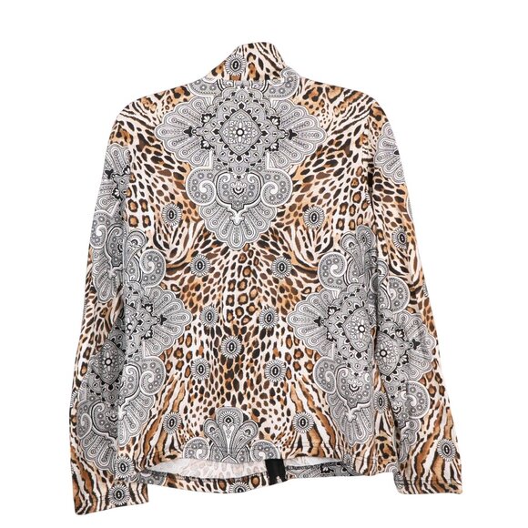 Onque Casuals Leopard Paisley Jacket L Womens Full Zip Pockets Black White Brown - Picture 4 of 4